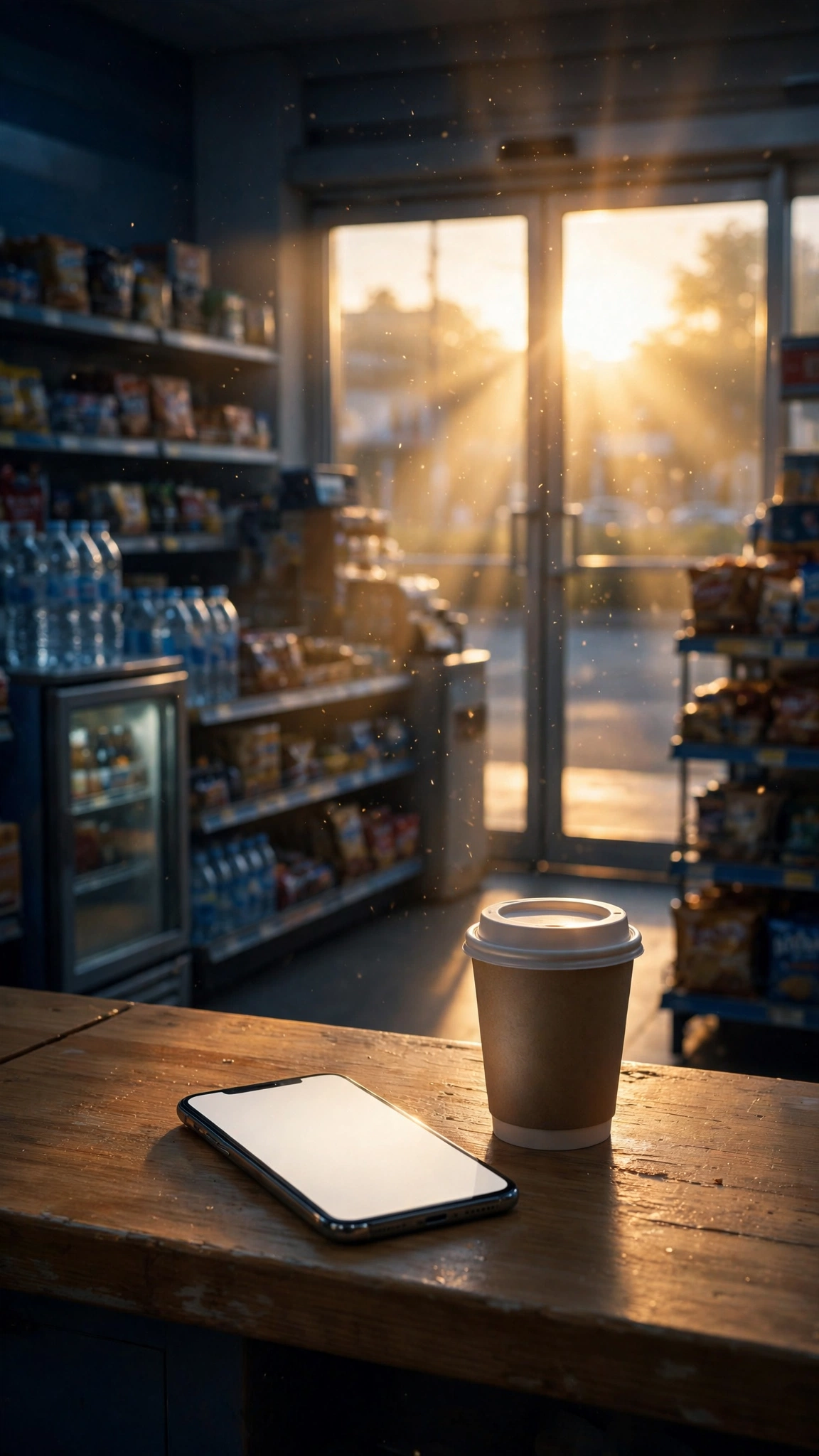 A convenience store at sunrise — coffee and phone on the counter, the morning report already in